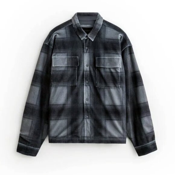 Stampd Plaid Cropped Sherpa Jacket • Blue/Grey Micro Sherpa • Oversized - Picture 1 of 15